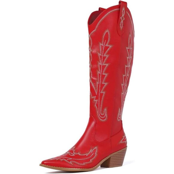 Women's Red Cowboy Boots Pointed Toe Cowgirl Knee High Boot With Zipper - Picture 1 of 6